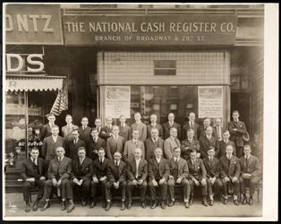 Group of Men of the National Cash Register Co. Posed in Front of the Broadway and 28th Street Branch, New York, 1916